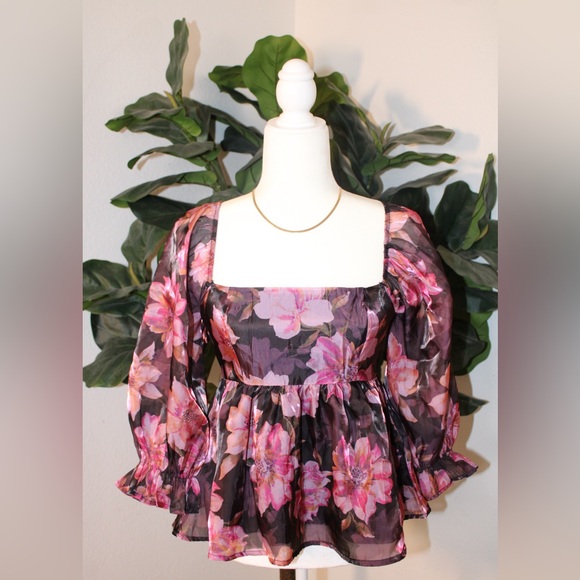 Thirty Thirty Tops - Thirty Thirty LA Floral Organza Peplum Babydoll Blouse